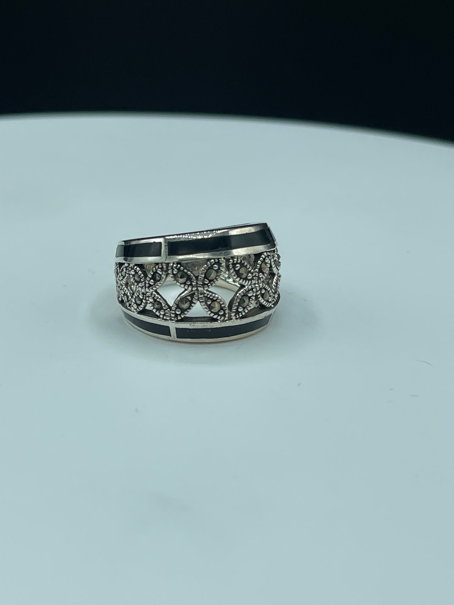 Natural Black Onyx & Marcasite Sterling Silver Ring (Size 6.25)