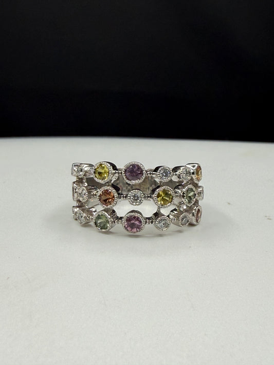 Vintage 14K White Gold Rainbow Multi-Color Sapphire & Diamond Band Ring Size 5