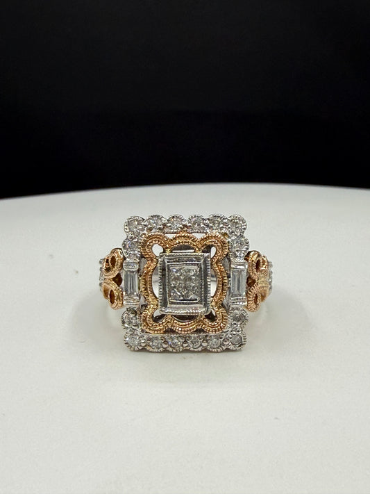 Vintage 14K Two Tone Rose & White Gold Diamond Cluster Cocktail Ring (Size 7)