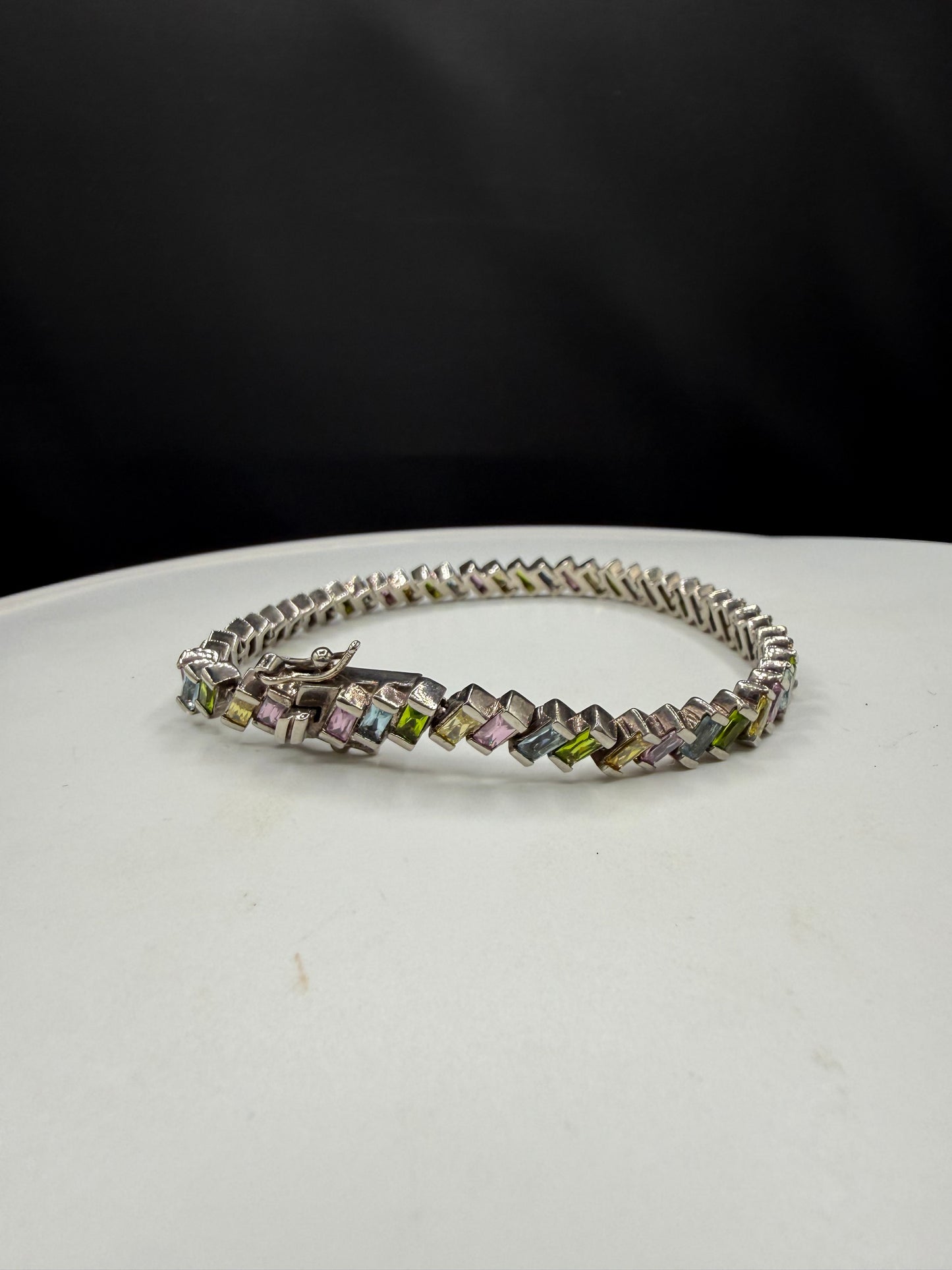925 Sterling Silver Rainbow Multi-Gemstone Tennis Bracelet 8.5" Emerald Cut