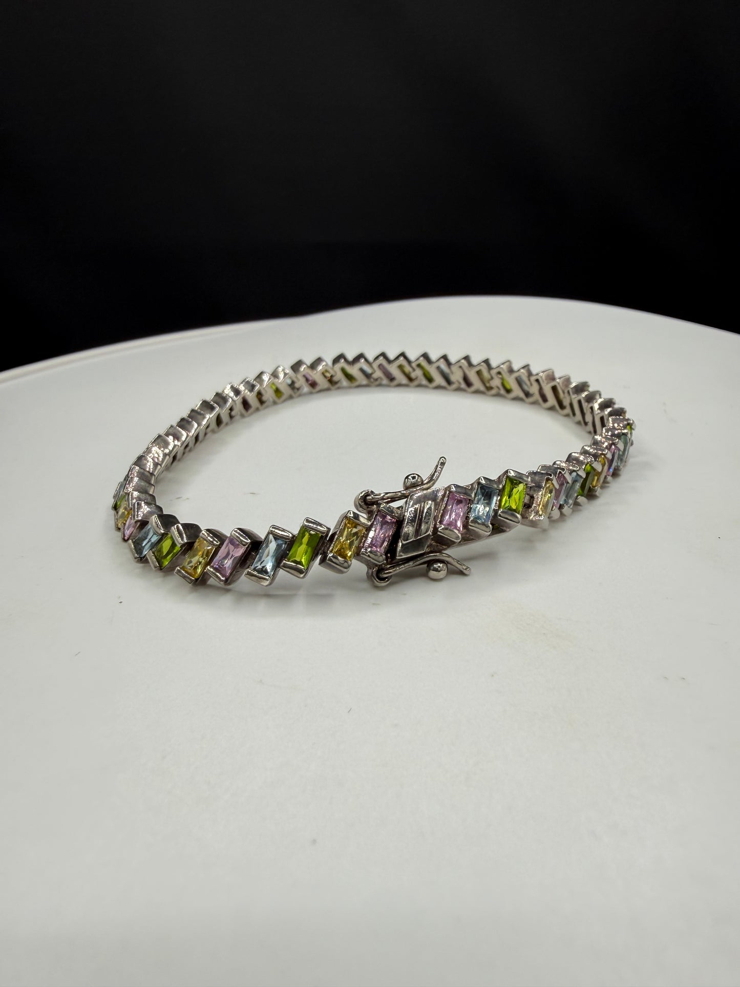 925 Sterling Silver Rainbow Multi-Gemstone Tennis Bracelet 8.5" Emerald Cut