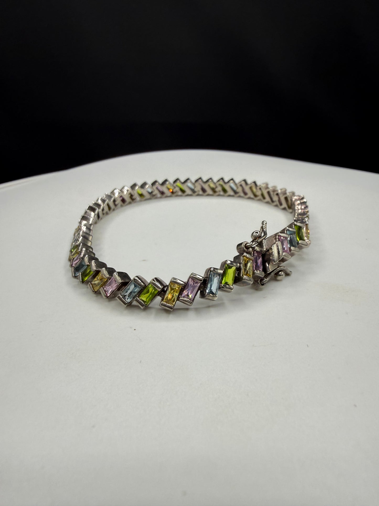 925 Sterling Silver Rainbow Multi-Gemstone Tennis Bracelet 8.5" Emerald Cut