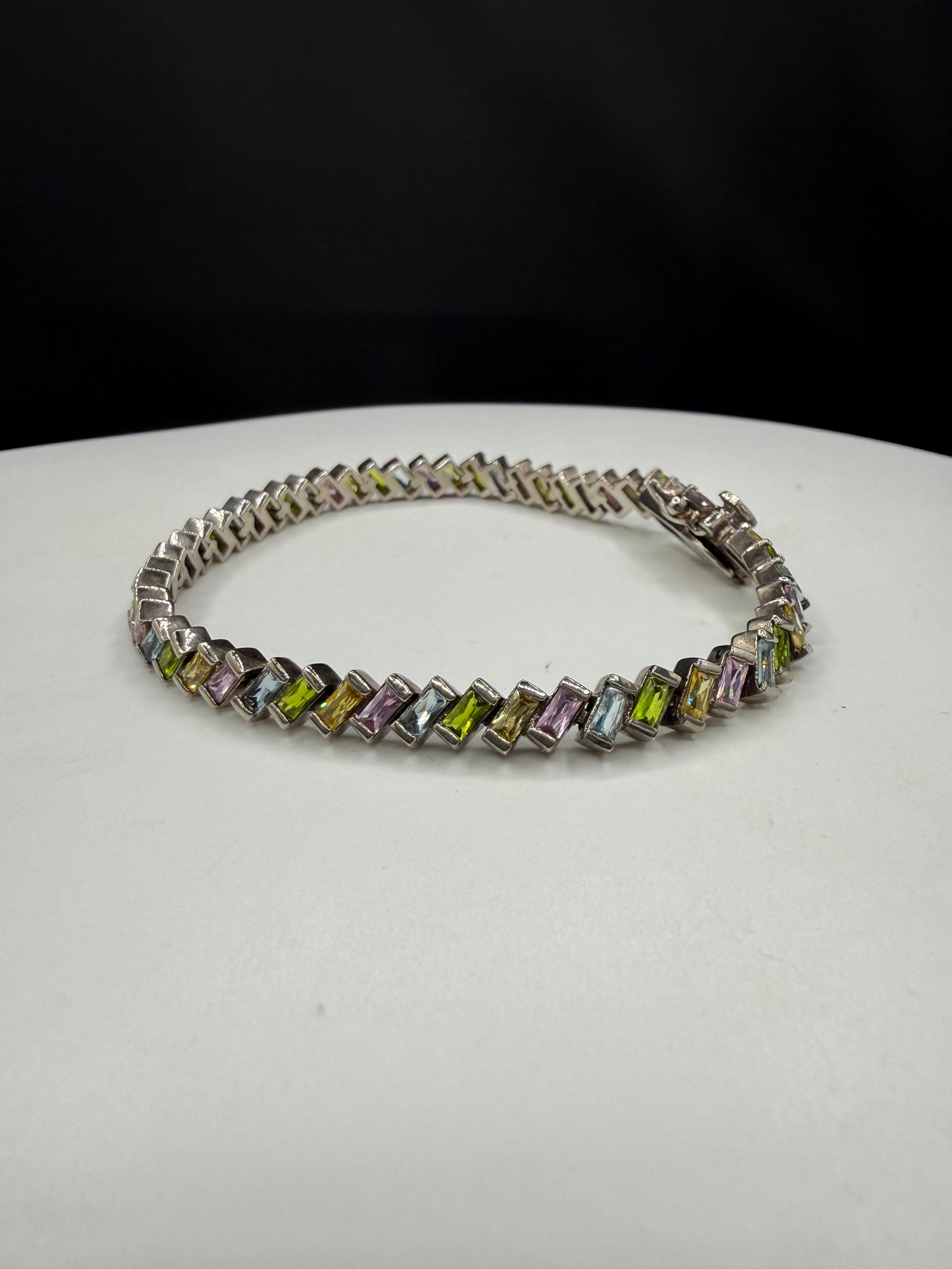 925 Sterling Silver Rainbow Multi-Gemstone Tennis Bracelet 8.5" Emerald Cut