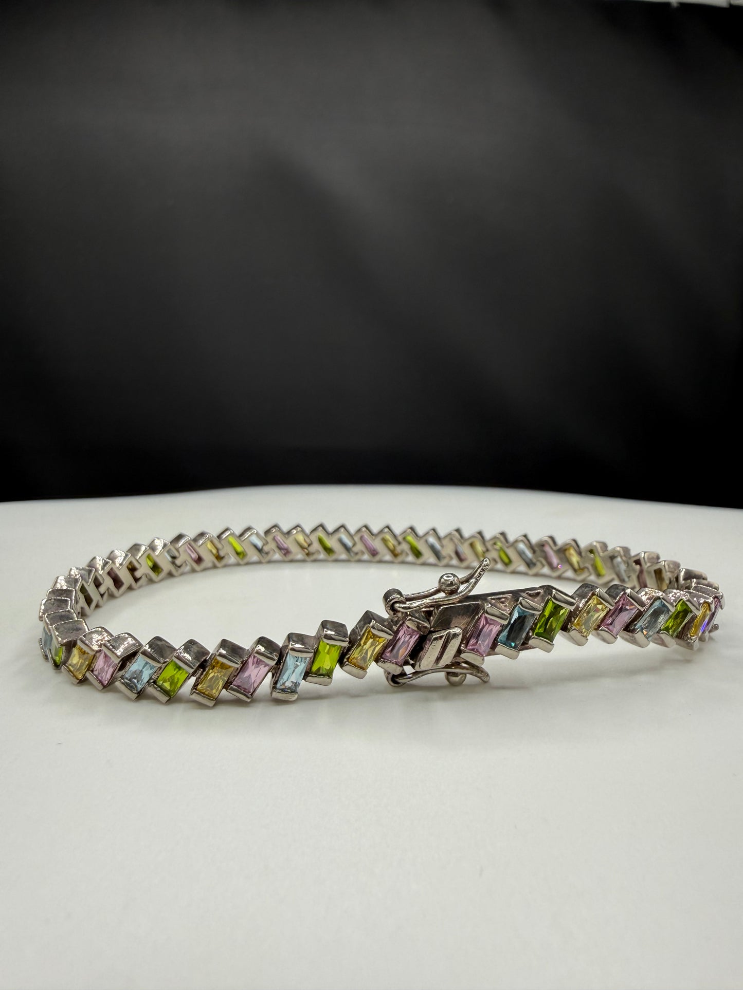 925 Sterling Silver Rainbow Multi-Gemstone Tennis Bracelet 8.5" Emerald Cut