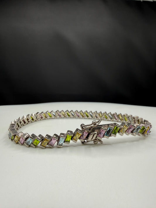 925 Sterling Silver Rainbow Multi-Gemstone Tennis Bracelet 8.5" Emerald Cut