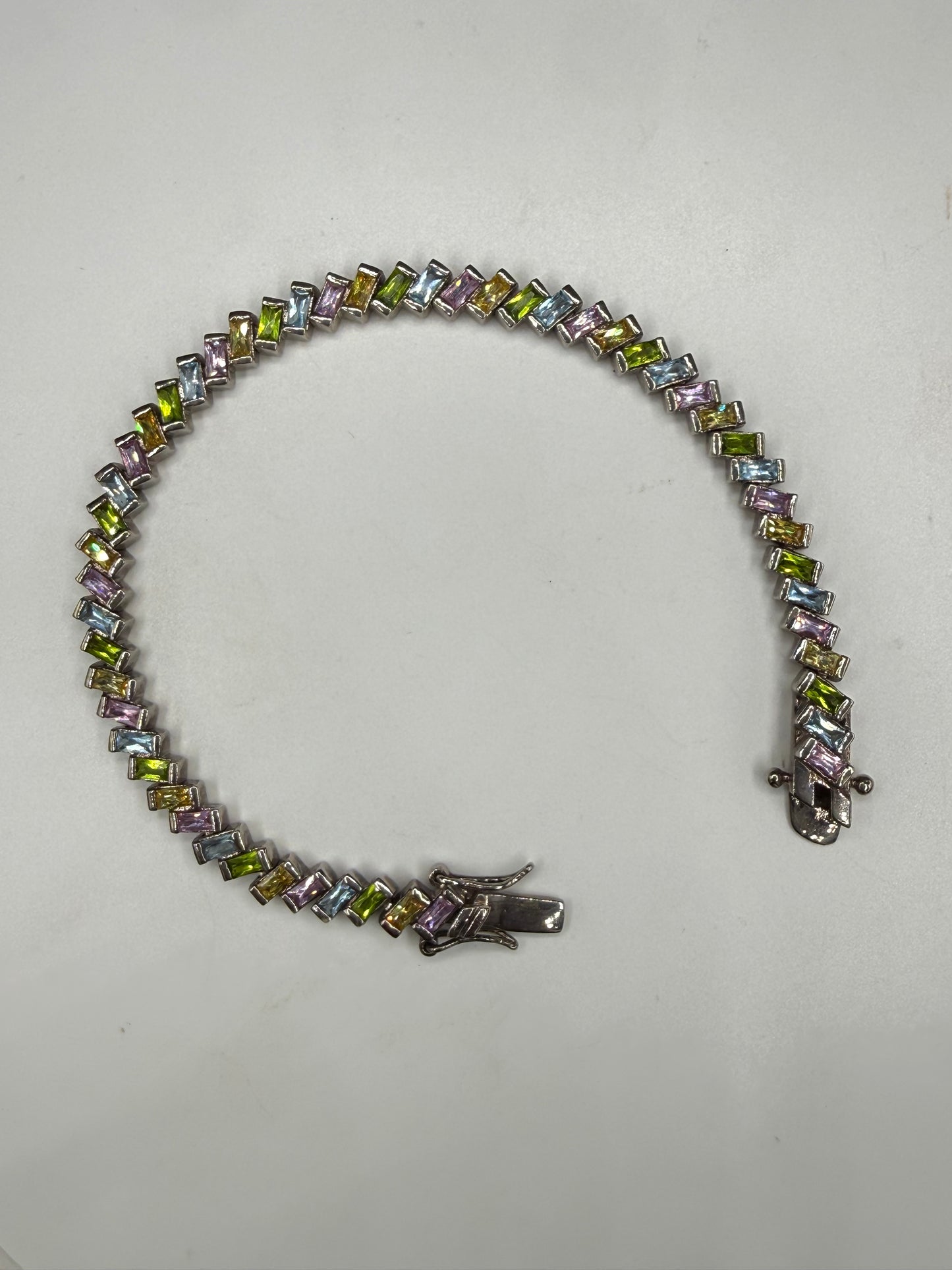 925 Sterling Silver Rainbow Multi-Gemstone Tennis Bracelet 8.5" Emerald Cut