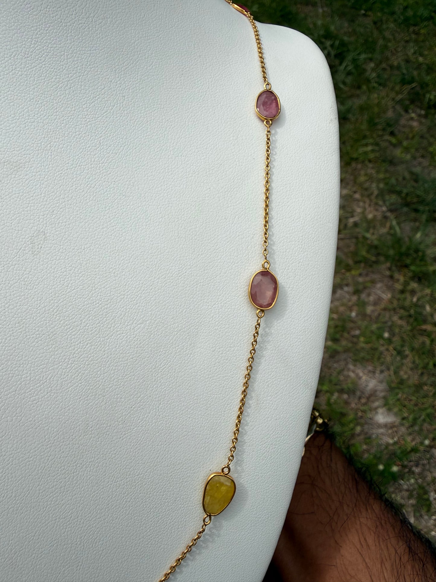 18K Yellow Gold Natural Unheated Multi Color Sapphire Mogul Station Necklace | 20.94ctw | 26.5"