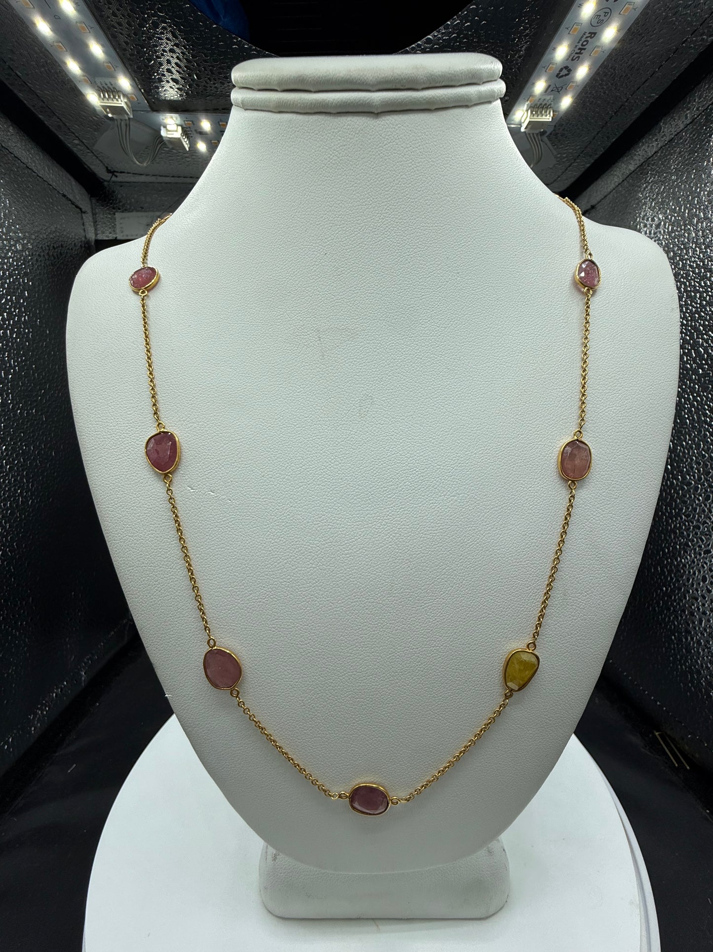 18K Yellow Gold Natural Unheated Multi Color Sapphire Mogul Station Necklace | 20.94ctw | 26.5"