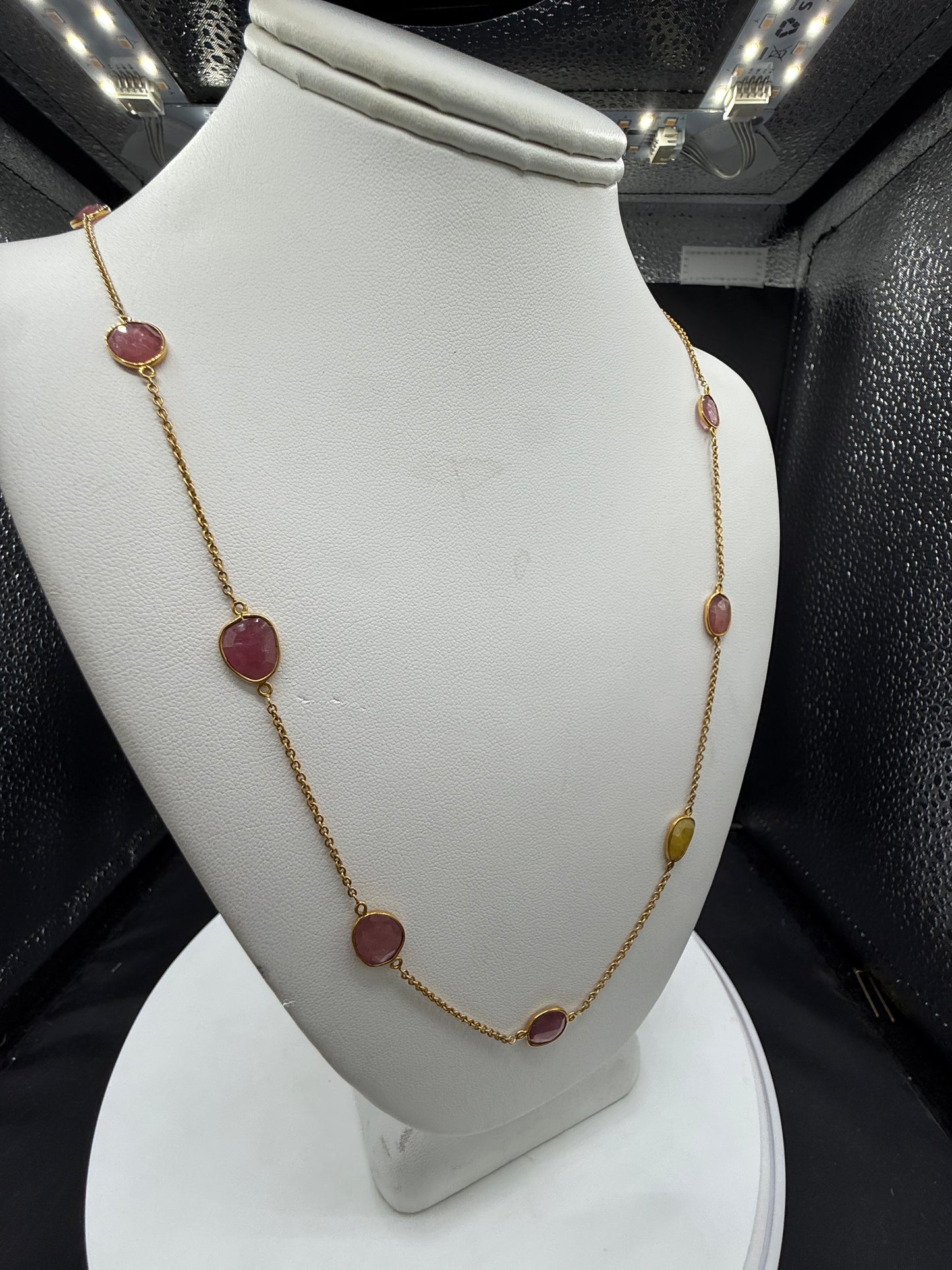 18K Yellow Gold Natural Unheated Multi Color Sapphire Mogul Station Necklace | 20.94ctw | 26.5"