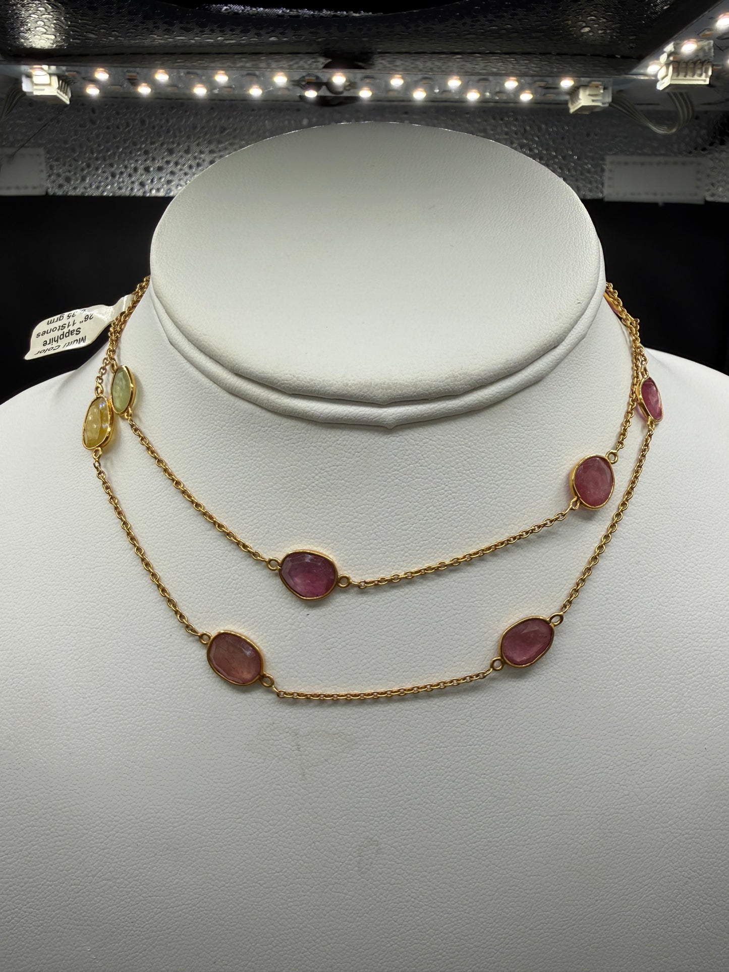18K Yellow Gold Natural Unheated Multi Color Sapphire Mogul Station Necklace | 20.94ctw | 26.5"
