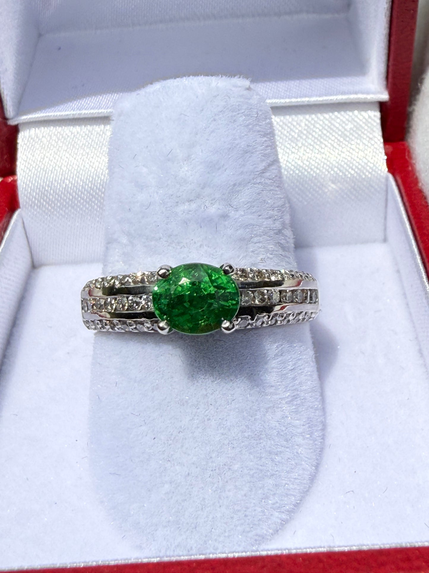 Natural Tsavorite Garnet & Diamond 14k White Gold Ring | 1.16 Ct Tsavorite | 0.50 Ct Diamond | Size 7