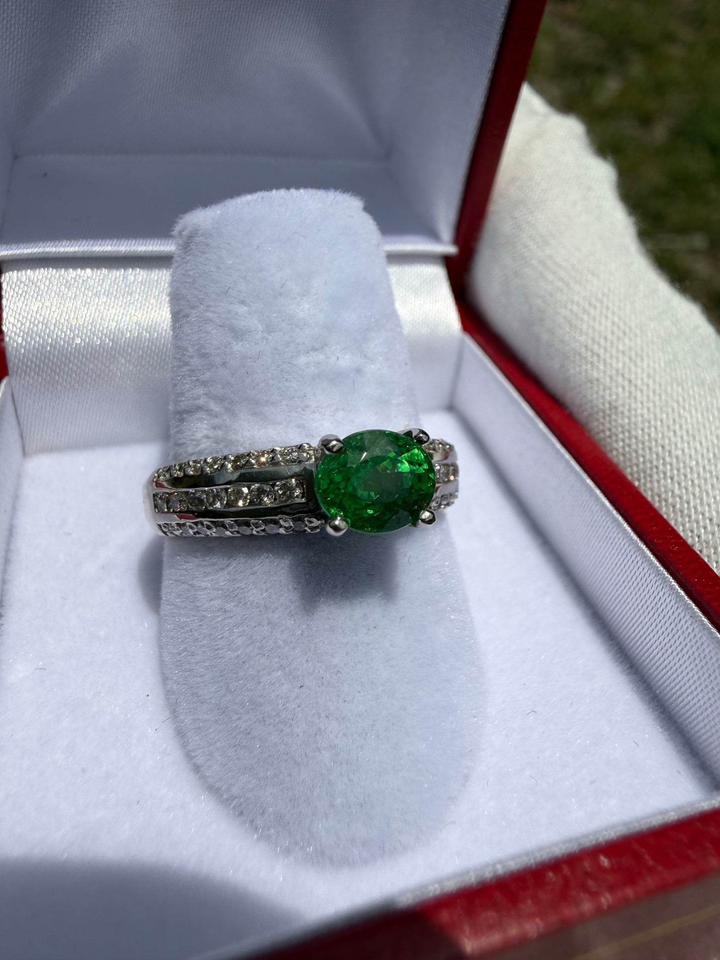 Natural Tsavorite Garnet & Diamond 14k White Gold Ring | 1.16 Ct Tsavorite | 0.50 Ct Diamond | Size 7