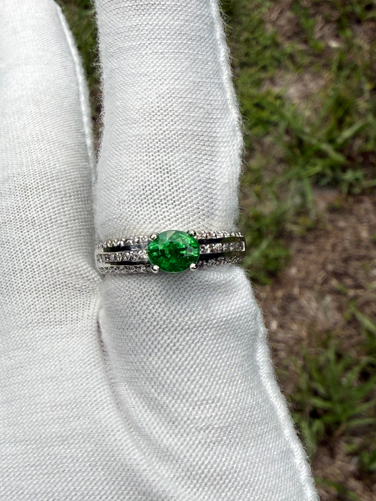Natural Tsavorite Garnet & Diamond 14k White Gold Ring | 1.16 Ct Tsavorite | 0.50 Ct Diamond | Size 7