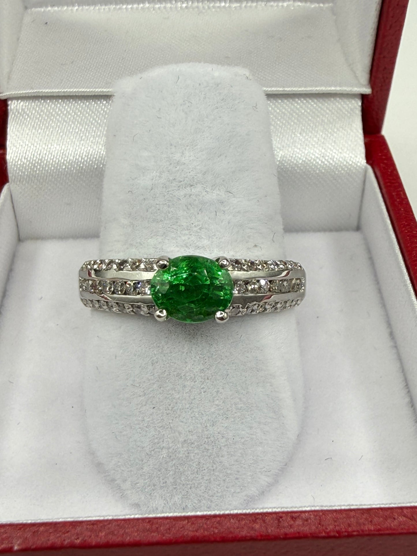 Natural Tsavorite Garnet & Diamond 14k White Gold Ring | 1.16 Ct Tsavorite | 0.50 Ct Diamond | Size 7