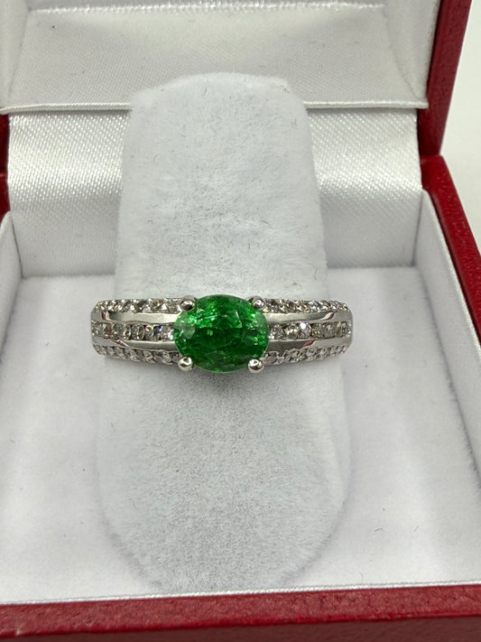 Natural Tsavorite Garnet & Diamond 14k White Gold Ring | 1.16 Ct Tsavorite | 0.50 Ct Diamond | Size 7