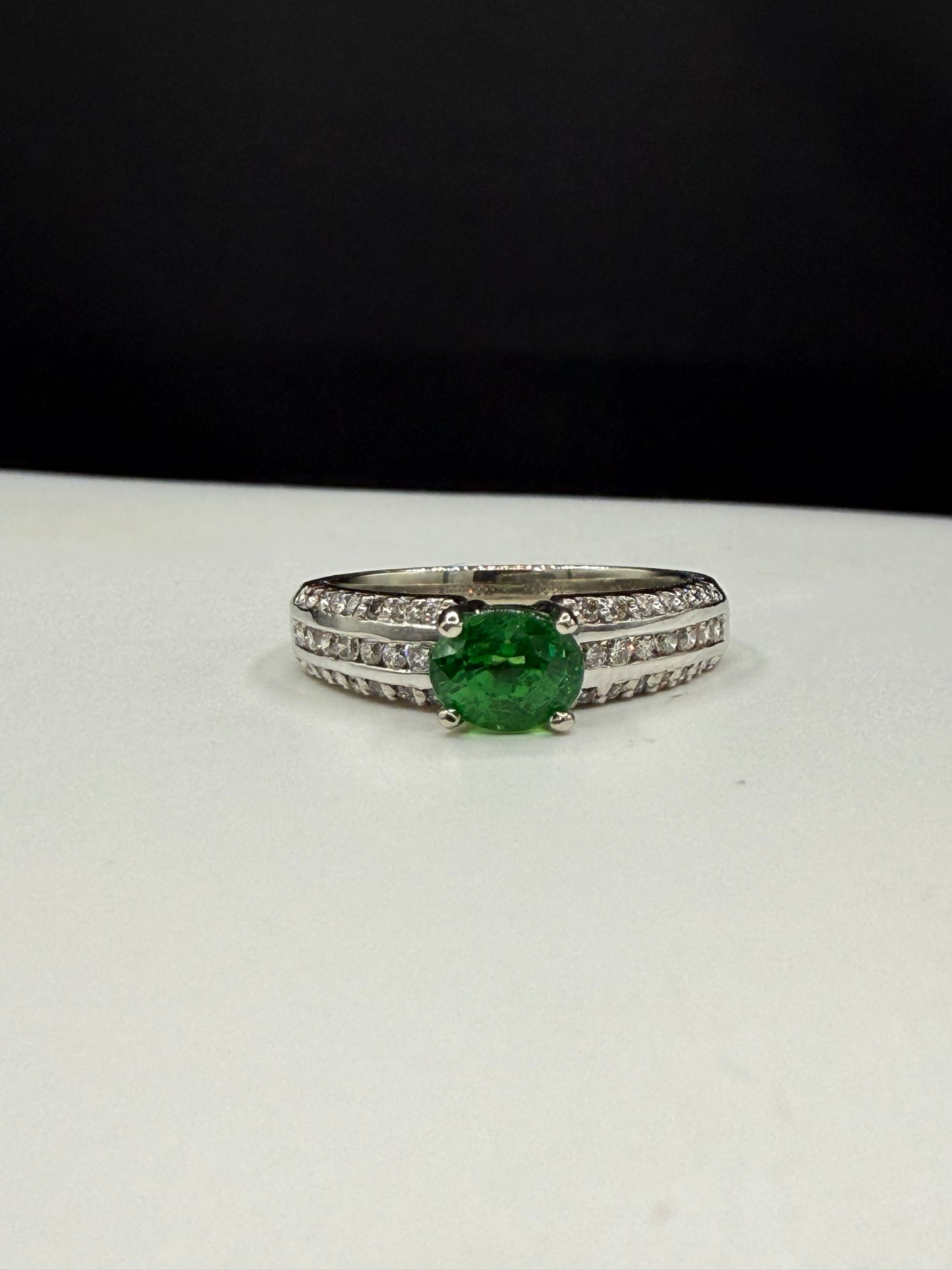 Natural Tsavorite Garnet & Diamond 14k White Gold Ring | 1.16 Ct Tsavorite | 0.50 Ct Diamond | Size 7