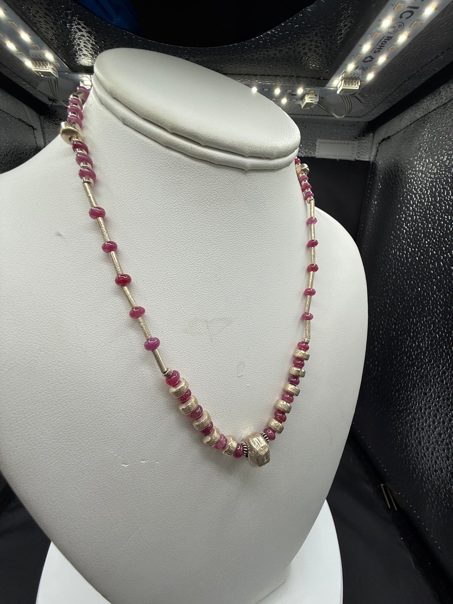 Natural No Heat Ruby Bead & Sterling Silver Beaded Necklace | 17.5”