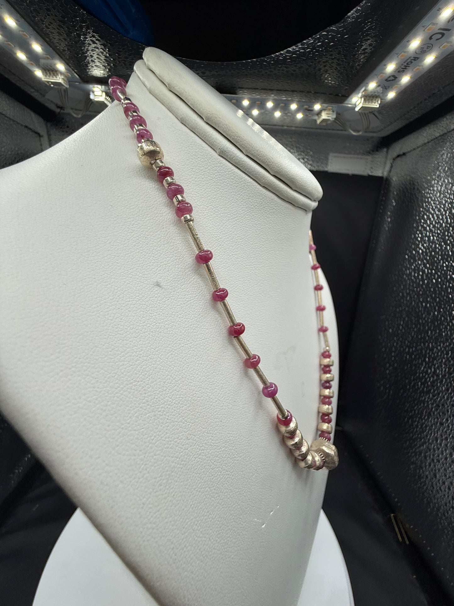 Natural No Heat Ruby Bead & Sterling Silver Beaded Necklace | 17.5”