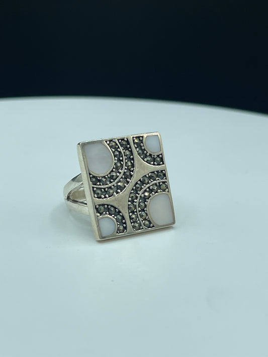 Natural Mother Of Pearl & Marcasite Sterling Silver Ring (Size 7.25)