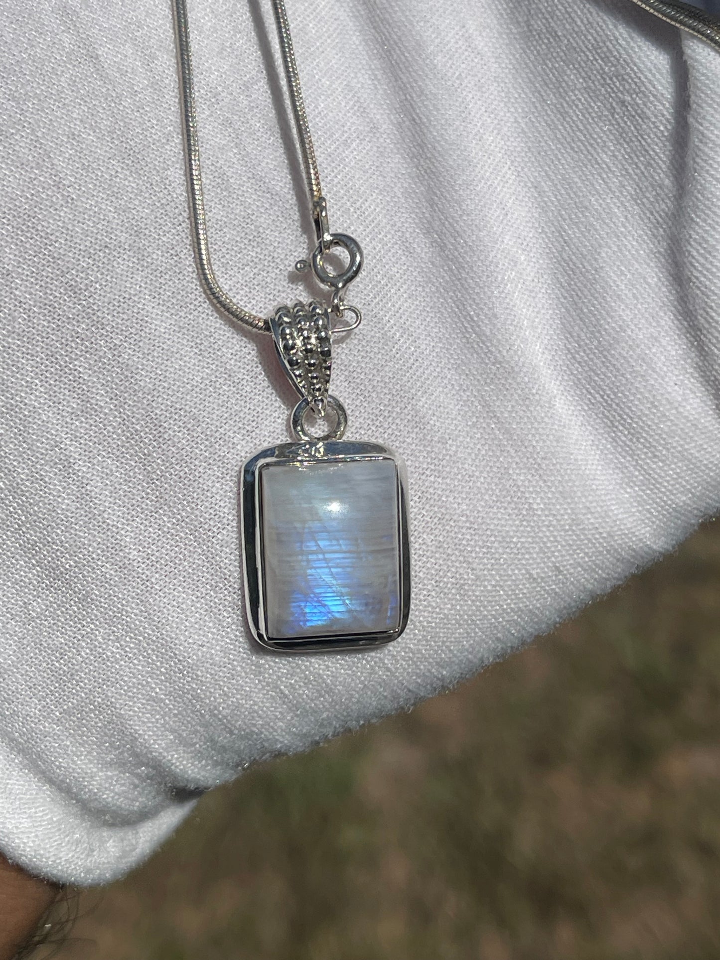 Natural Rainbow Moonstone Emerald Cabochon Cut Sterling Silver Pendant & Necklace (20 inches)