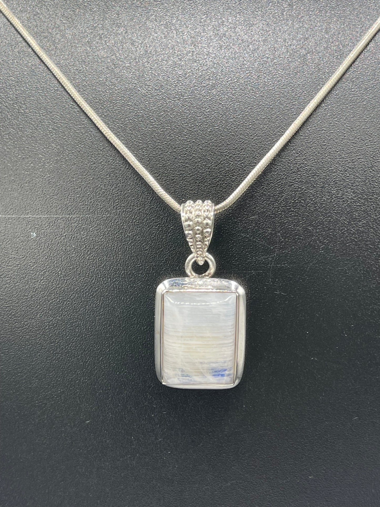 Natural Rainbow Moonstone Emerald Cabochon Cut Sterling Silver Pendant & Necklace (20 inches)