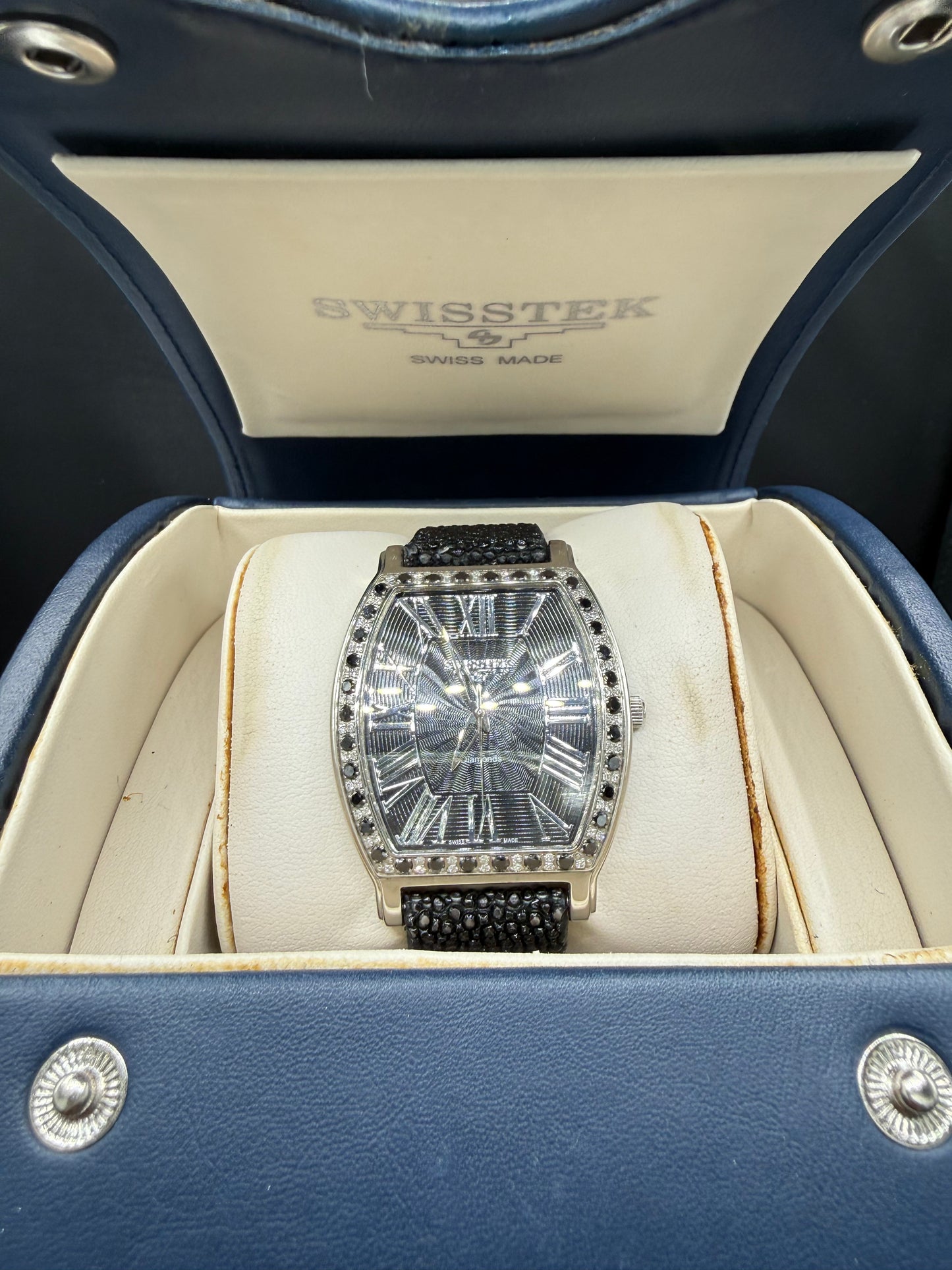 Swisstek Slimtek Natural Black & White Diamond Stingray Leather Band Watch | 38 MM | Quartz | Limited Edition