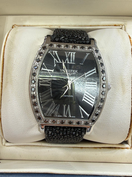 Swisstek Slimtek Natural Black & White Diamond Stingray Leather Band Watch | 38 MM | Quartz | Limited Edition
