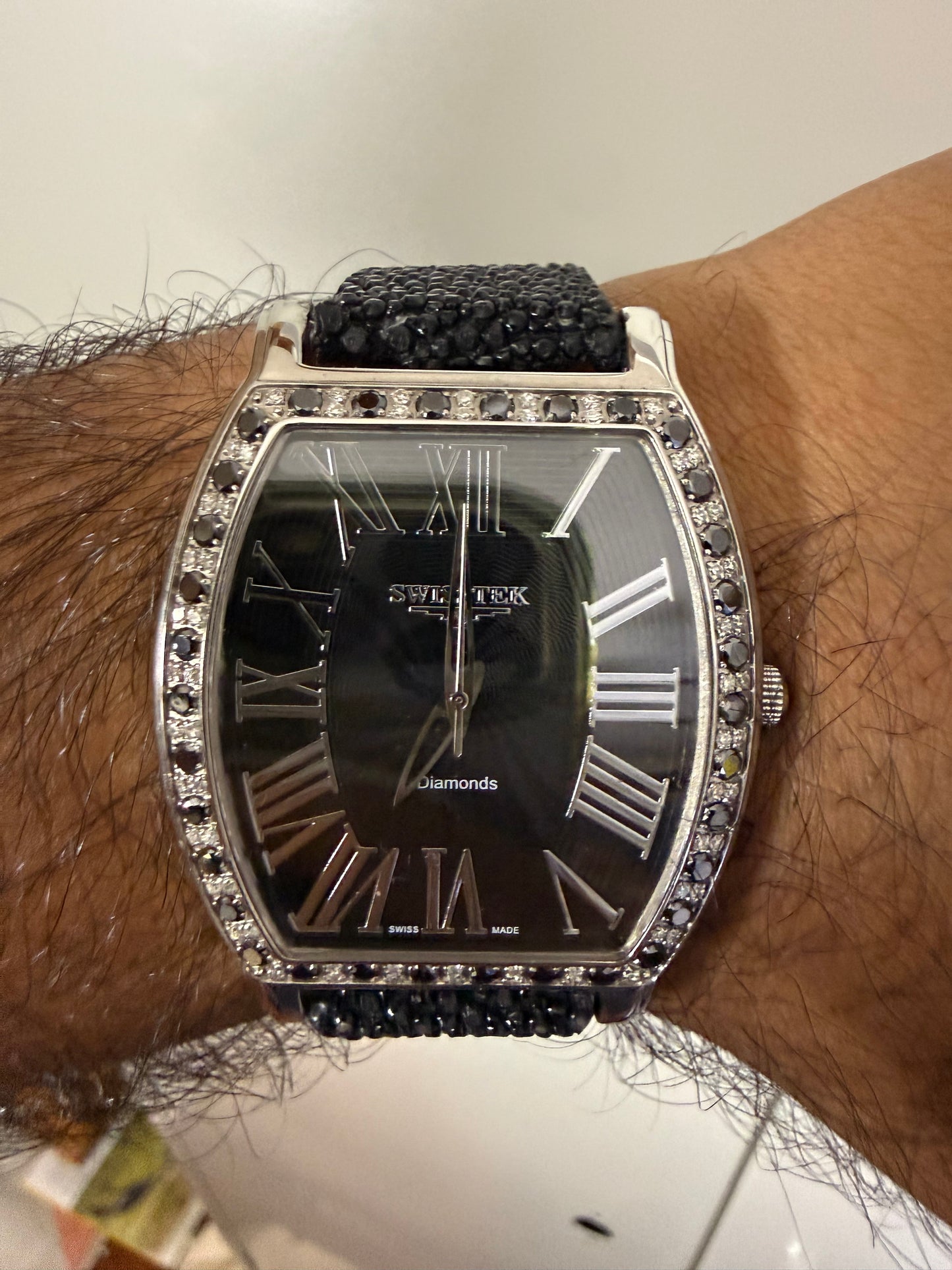 Swisstek Slimtek Natural Black & White Diamond Stingray Leather Band Watch | 38 MM | Quartz | Limited Edition