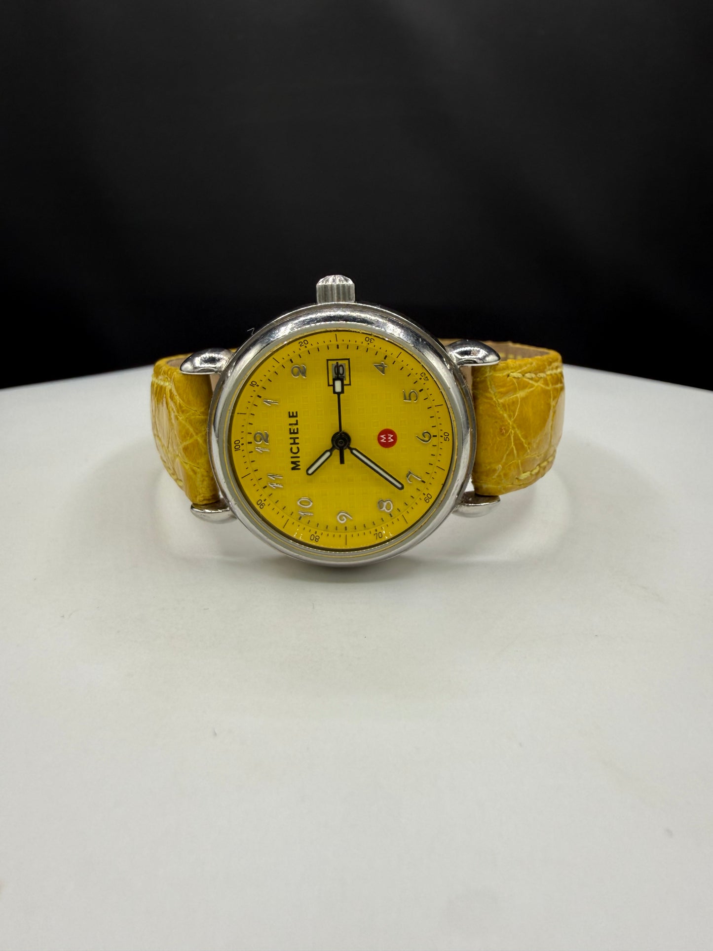 Michele Vintage Yellow Grid Dial Genuine Leather Strap Watch | 28 MM | Quartz | Ref 72-315-G | New Battery