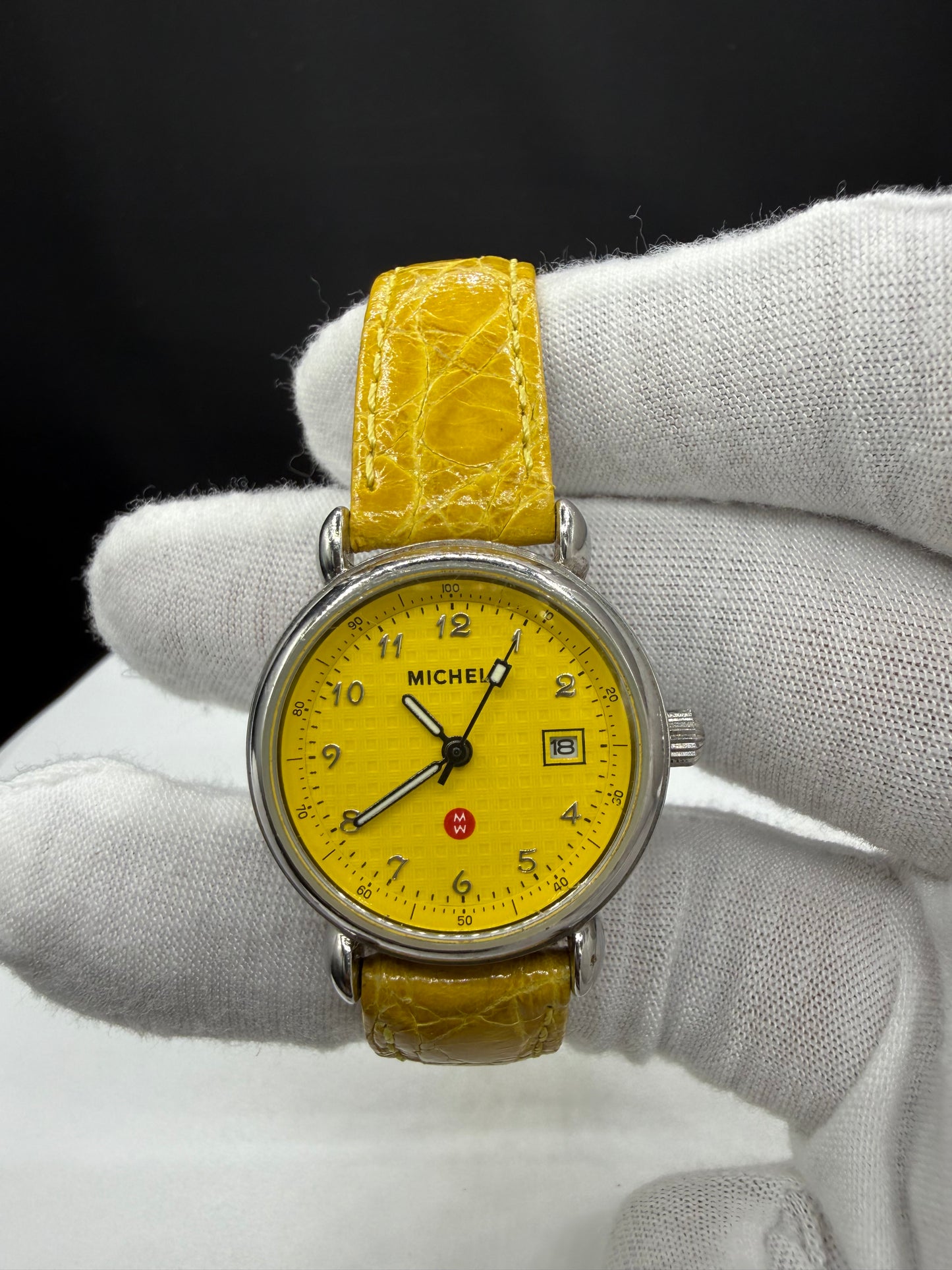 Michele Vintage Yellow Grid Dial Genuine Leather Strap Watch | 28 MM | Quartz | Ref 72-315-G | New Battery