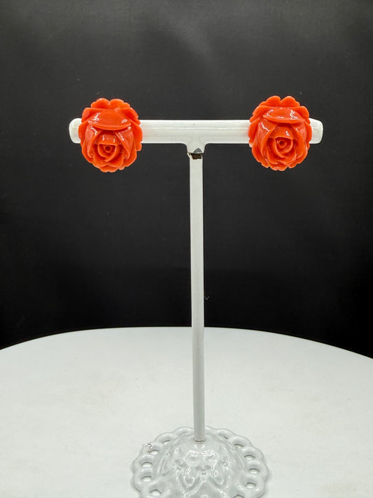 Vintage Natural Italian Red Coral Hand Carved Rose Earrings | 14k Yellow Gold | 17 MM