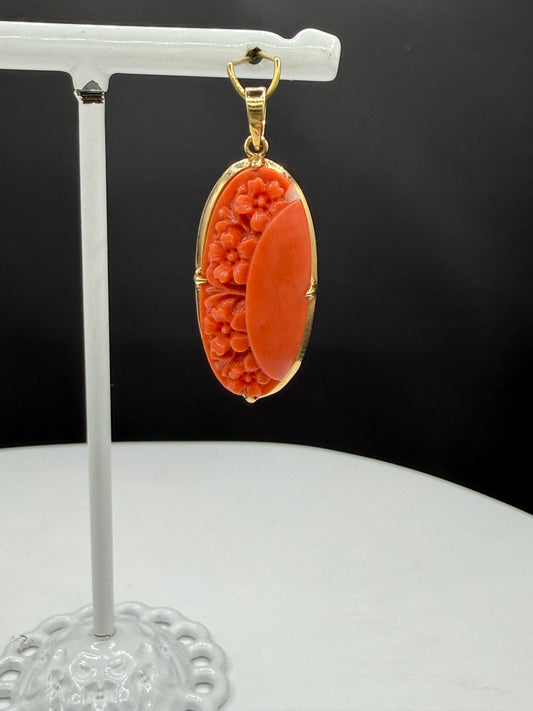 Vintage Natural Coral Hand Carved Floral Pendant | 18k Yellow Gold & 14k Gold Bail | 1.36 Inches