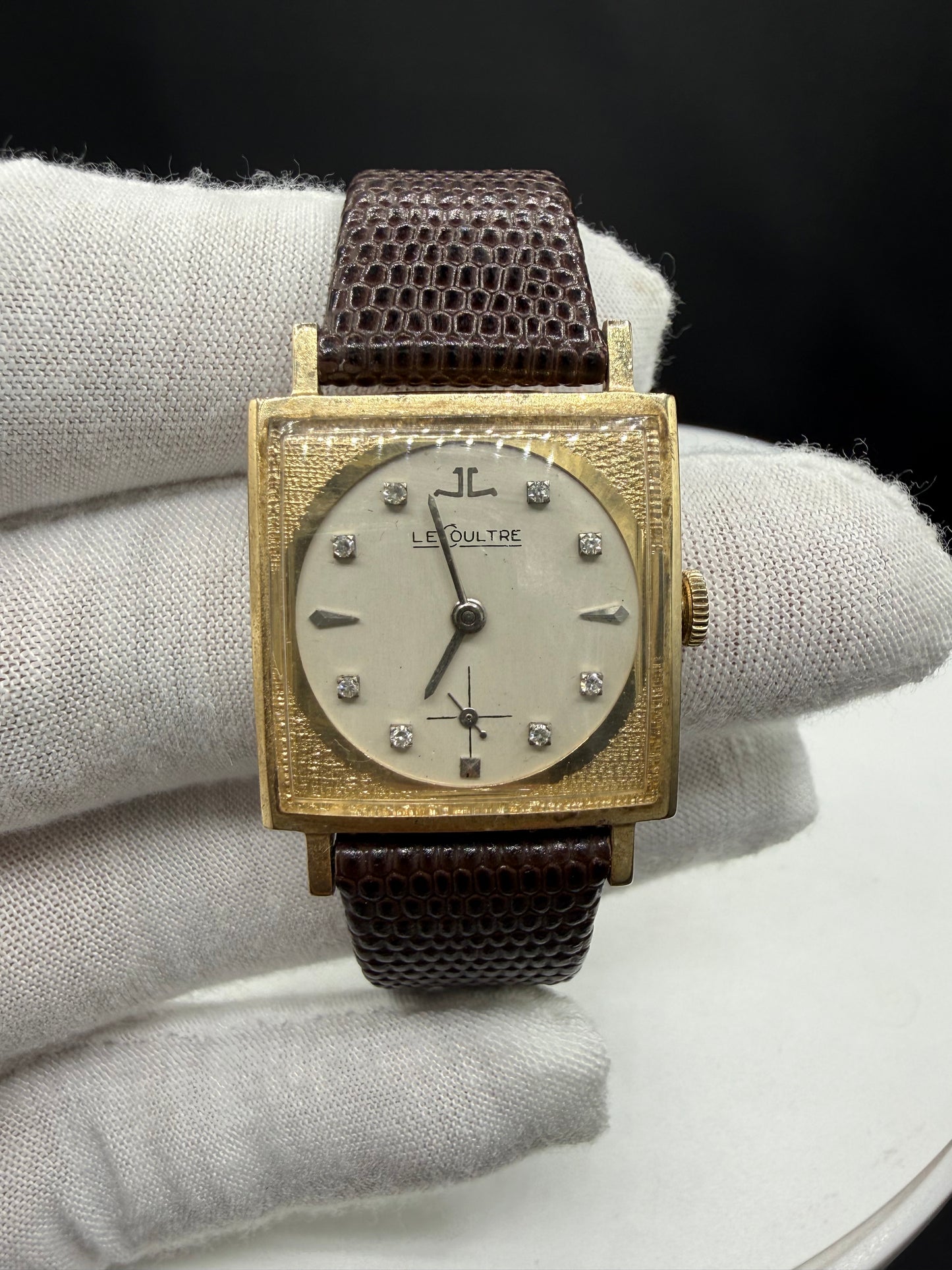 Vintage LeCoultre 14k Yellow Gold Diamond Dial Watch 26x35mm Manual Wind K&L Case | 1950s Cal 480 Dress Watch