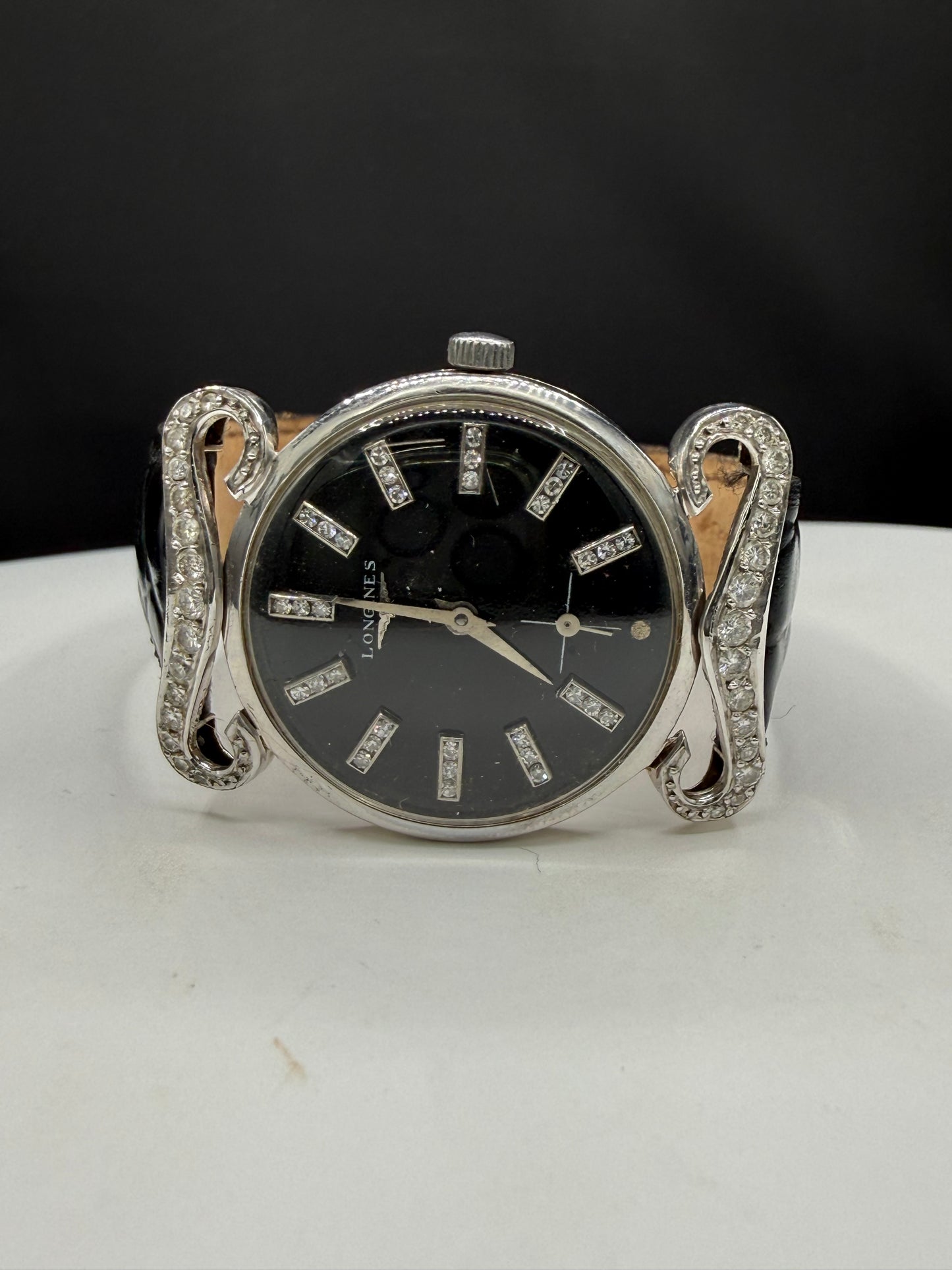 Vintage Longines 14k White Gold Diamond Dial & Mustache Lugs Tuxedo Watch 30mm