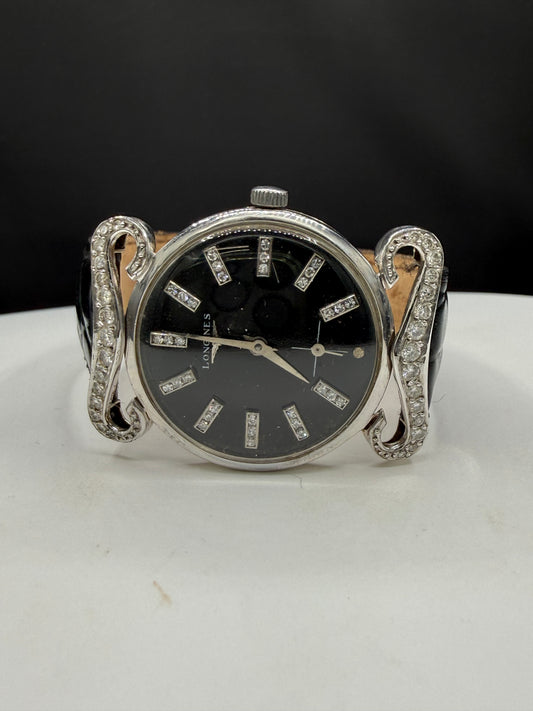 Vintage Longines 14k White Gold Diamond Dial & Mustache Lugs Tuxedo Watch 30mm