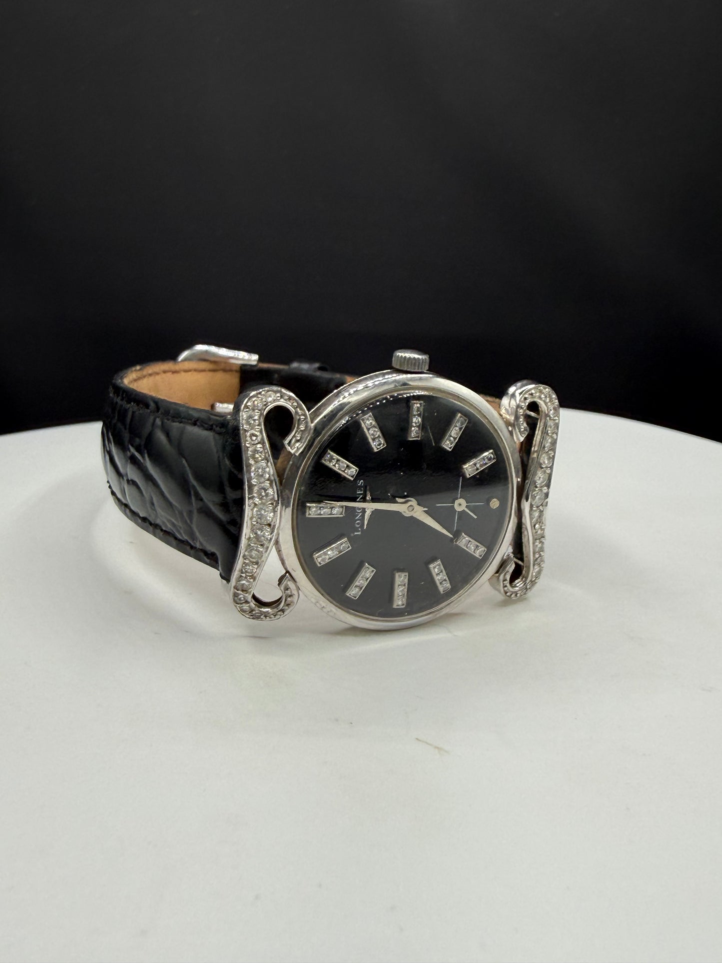 Vintage Longines 14k White Gold Diamond Dial & Mustache Lugs Tuxedo Watch 30mm