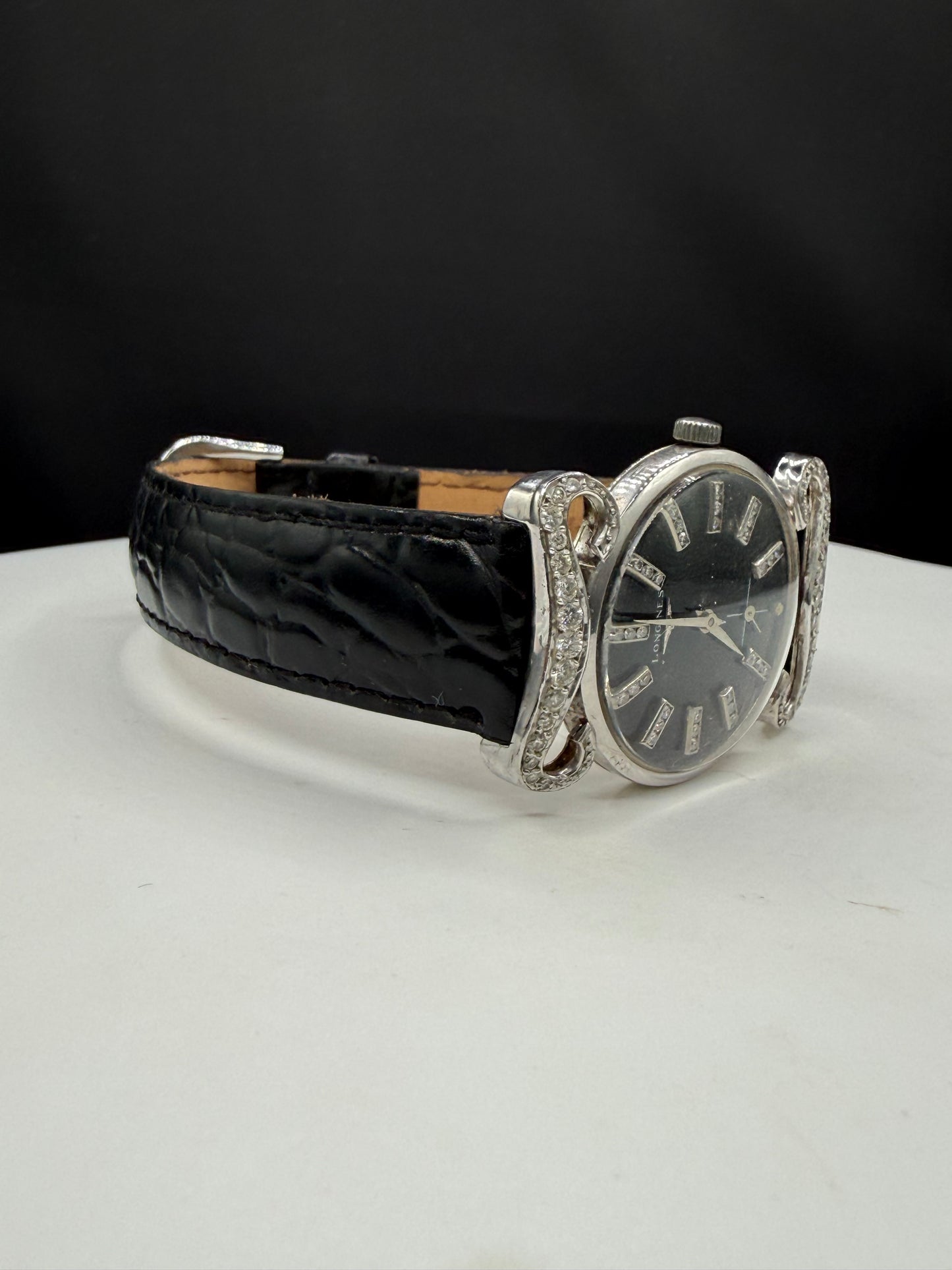 Vintage Longines 14k White Gold Diamond Dial & Mustache Lugs Tuxedo Watch 30mm