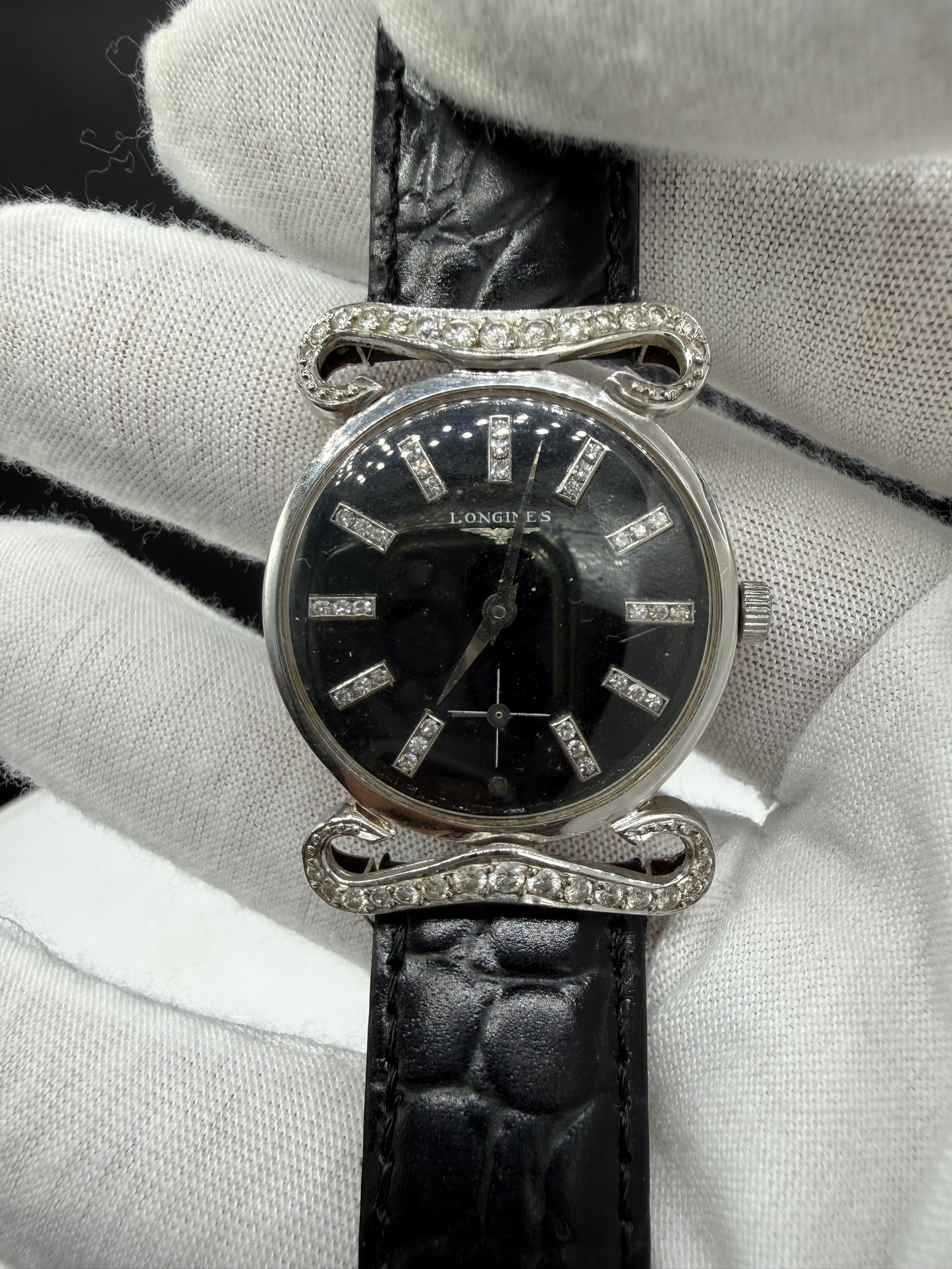 Vintage Longines 14k White Gold Diamond Dial & Mustache Lugs Tuxedo Watch 30mm