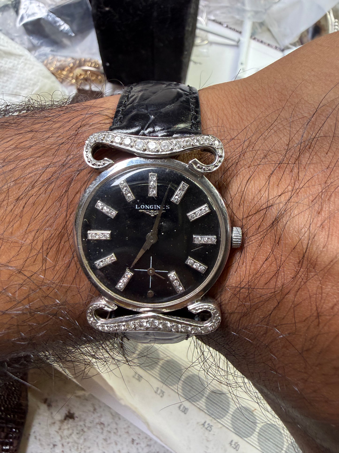 Vintage Longines 14k White Gold Diamond Dial & Mustache Lugs Tuxedo Watch 30mm