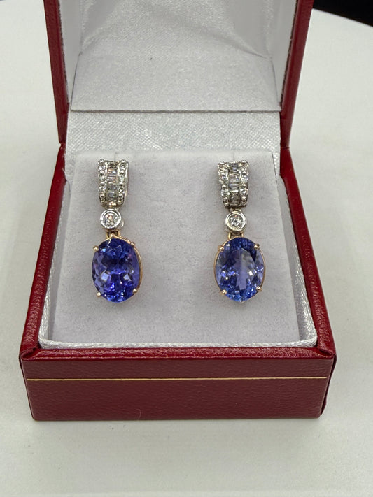 Vintage Natural Tanzanite & Diamond 14k Yellow + White Gold Dangle Earrings | 6.65 Ct Tanzanite | 0.50 Diamonds