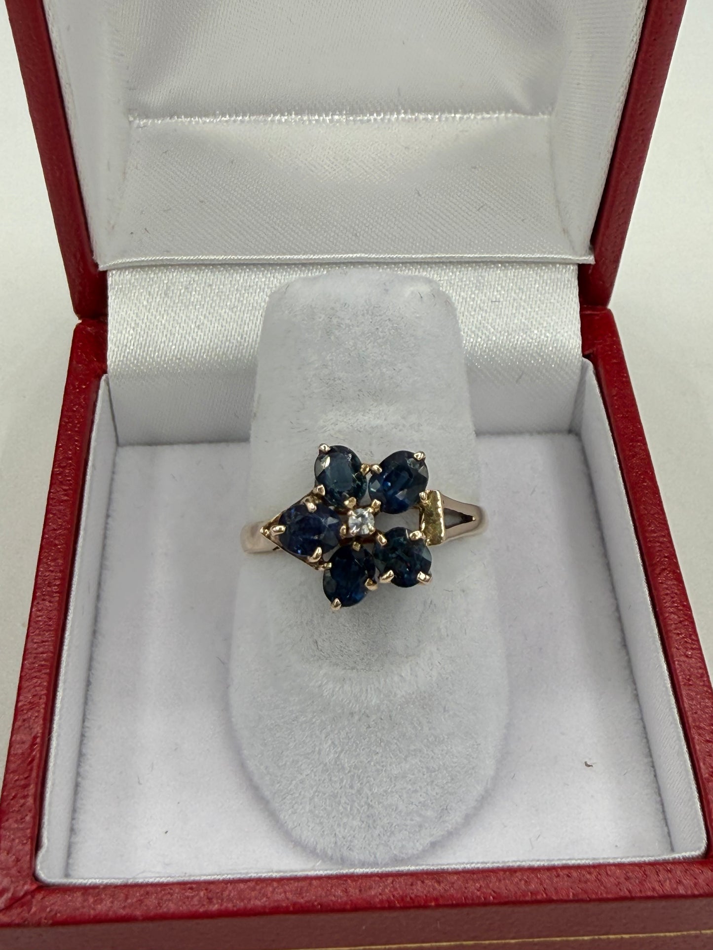 Vintage 14k Yellow Gold 1.00 Ct Natural Blue Sapphire & Diamond Flower Ring | Size 6.5