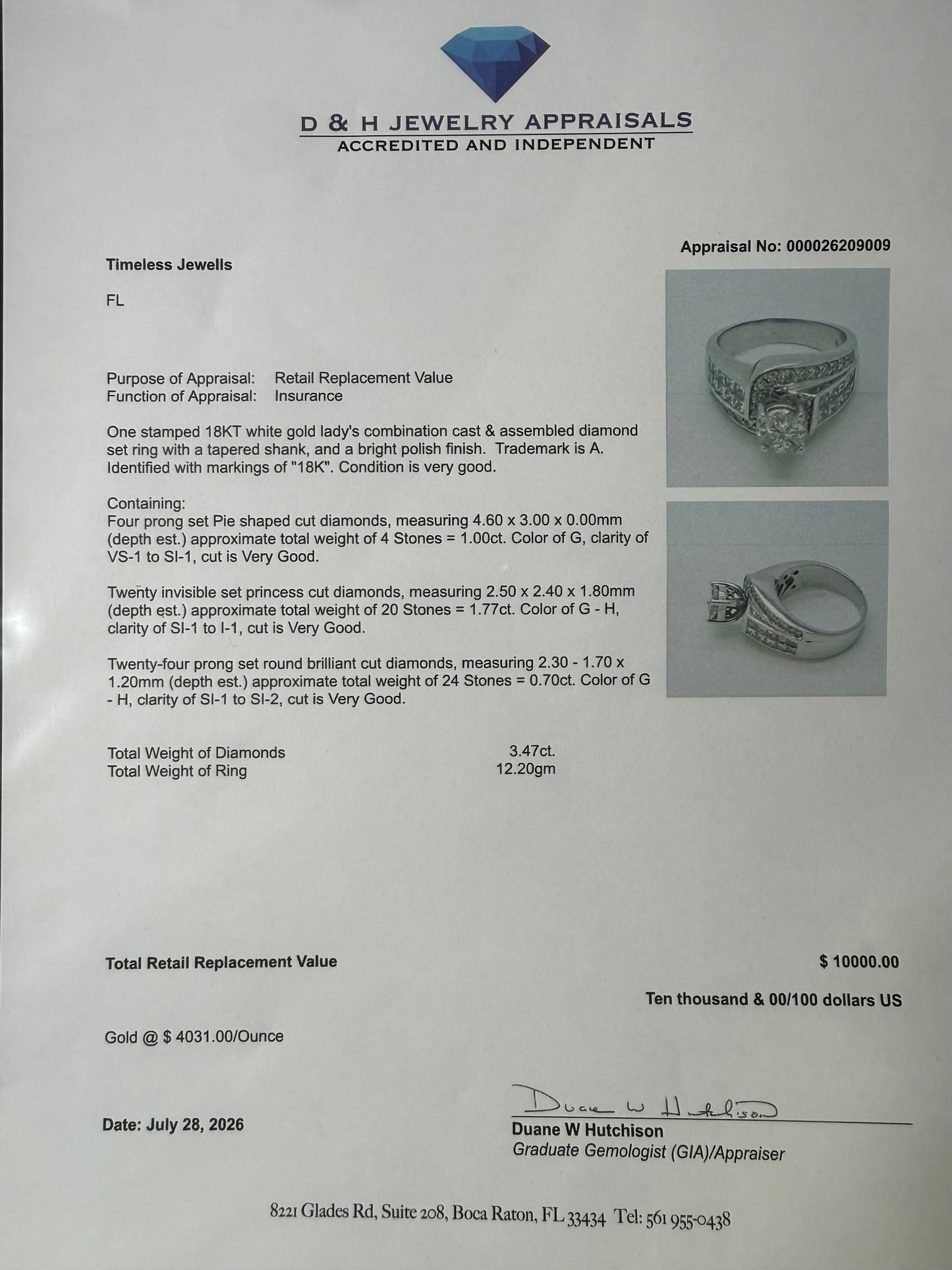 3.47 Carat Natural Diamond 18K White Gold Engagement Ring | Size 8.25