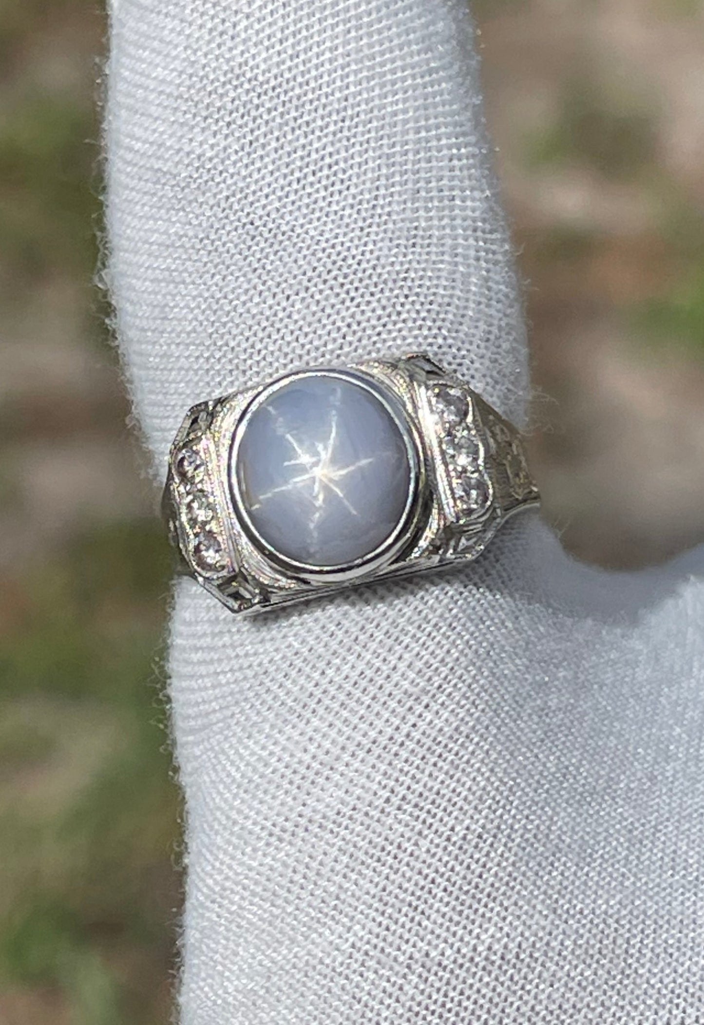 Vintage Men’s 19k Natural Star Sapphire & Diamond White Gold Shriner Ring (Size 10.25)