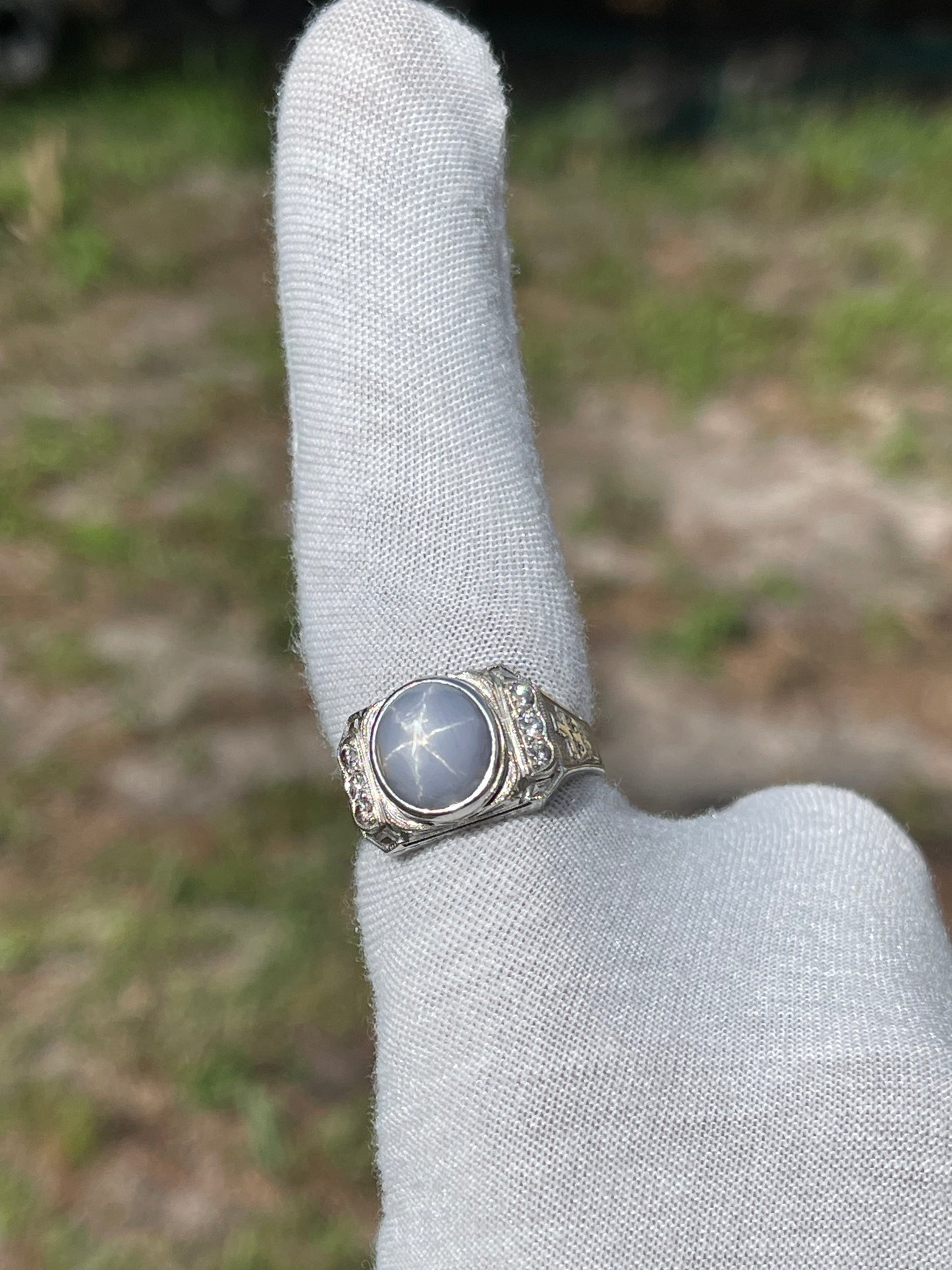 Vintage Men’s 19k Natural Star Sapphire & Diamond White Gold Shriner Ring (Size 10.25)