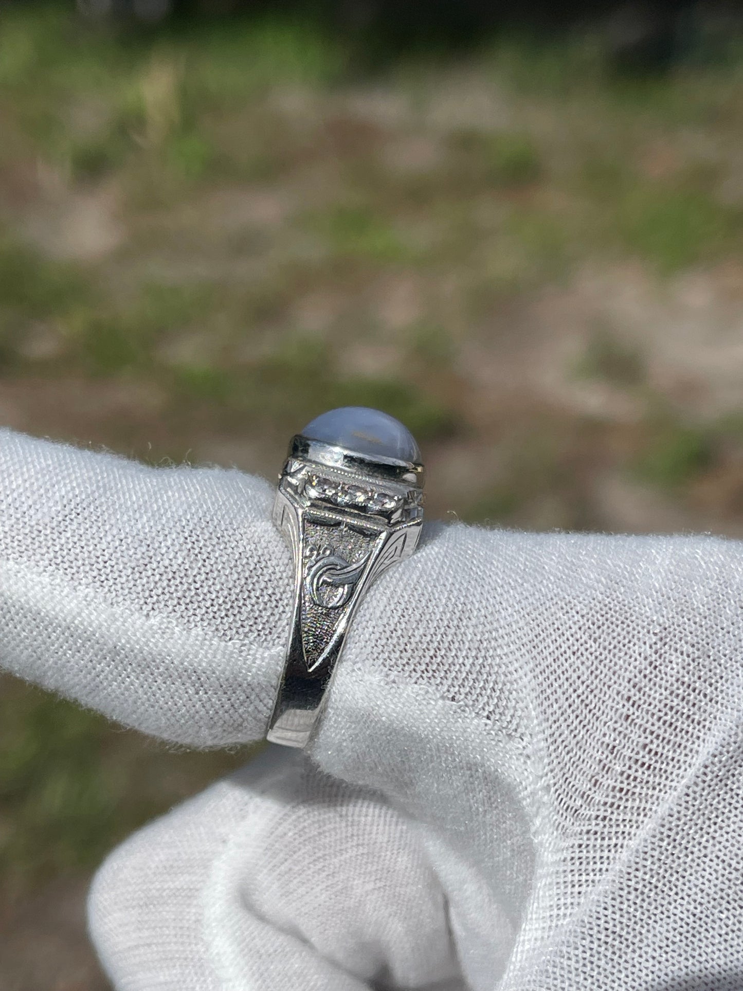 Vintage Men’s 19k Natural Star Sapphire & Diamond White Gold Shriner Ring (Size 10.25)