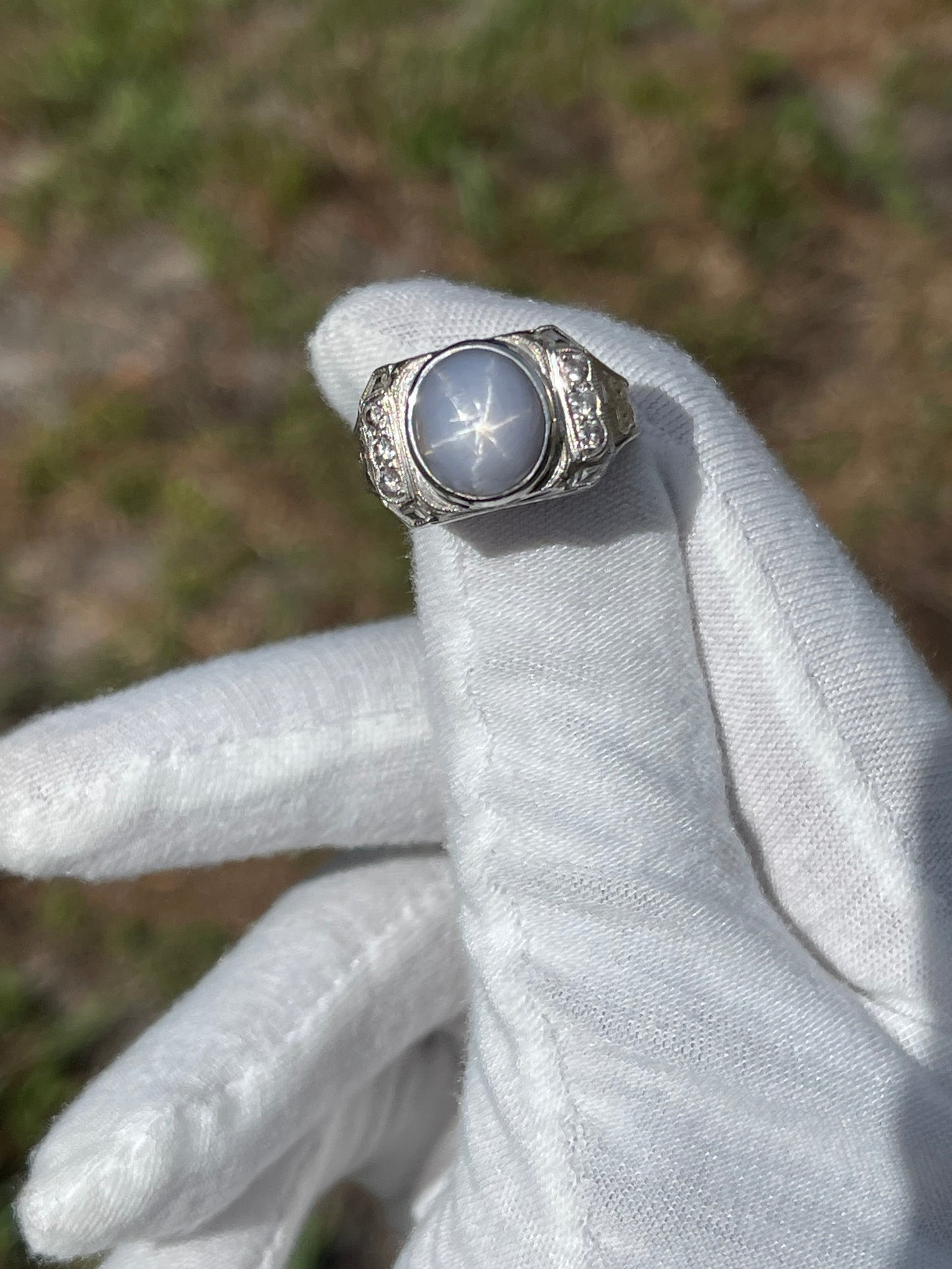 Vintage Men’s 19k Natural Star Sapphire & Diamond White Gold Shriner Ring (Size 10.25)