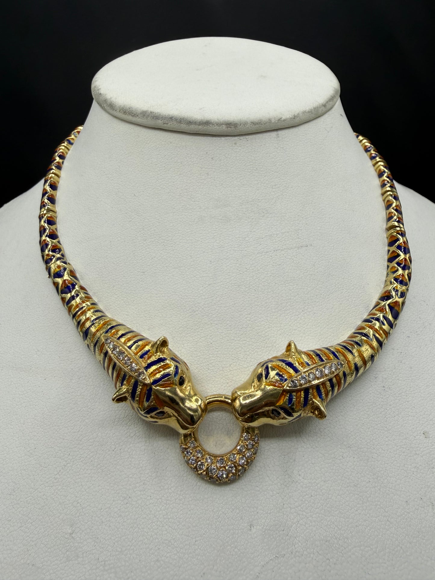 1.85 CT Natural Diamond 18K Yellow Gold Enamel Double Tiger Necklace (94.90 Grams) | 17 Inches