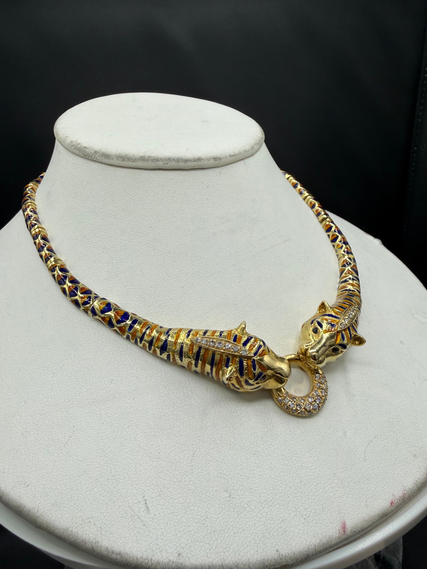 1.85 CT Natural Diamond 18K Yellow Gold Enamel Double Tiger Necklace (94.90 Grams) | 17 Inches