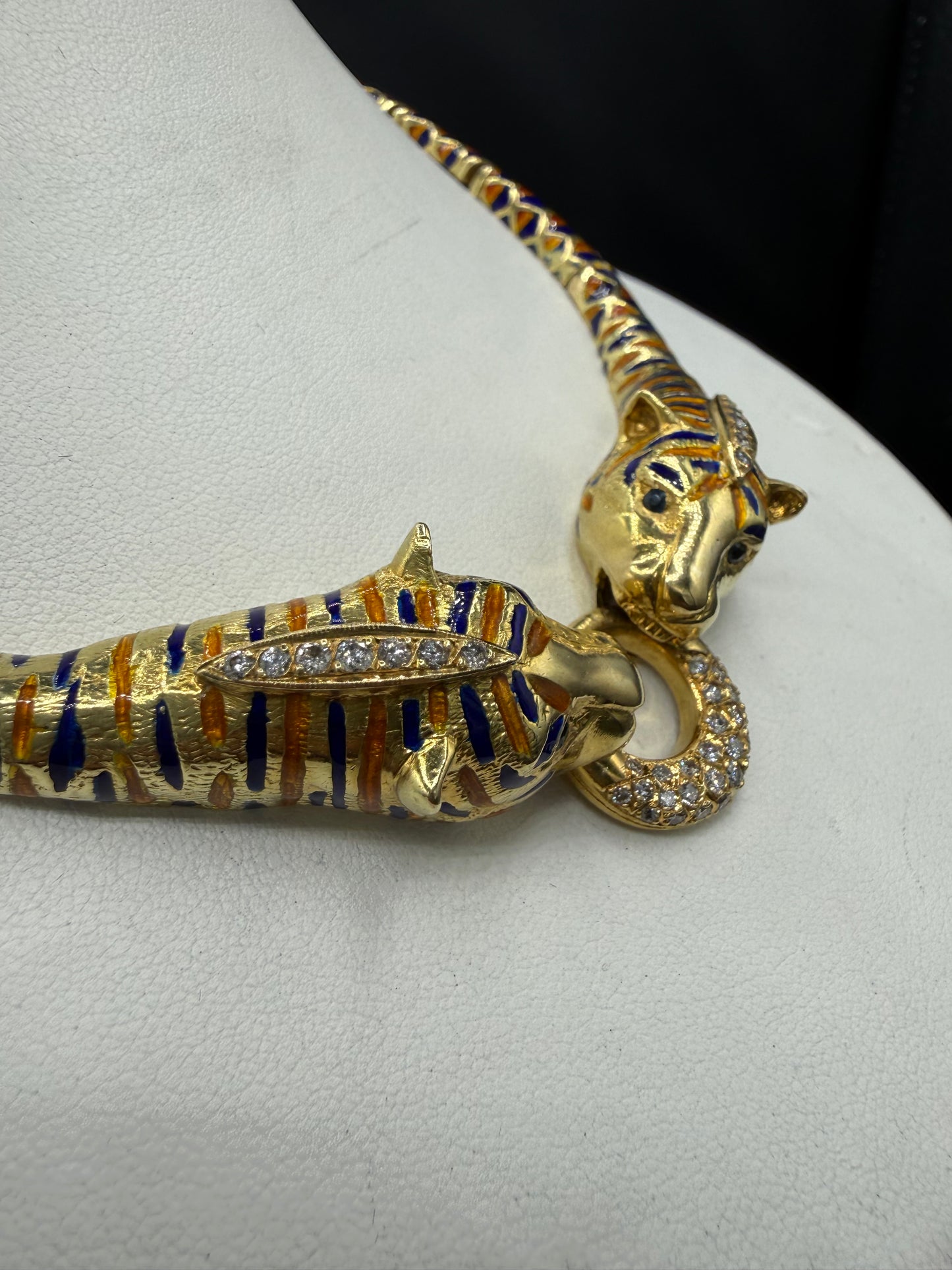 1.85 CT Natural Diamond 18K Yellow Gold Enamel Double Tiger Necklace (94.90 Grams) | 17 Inches