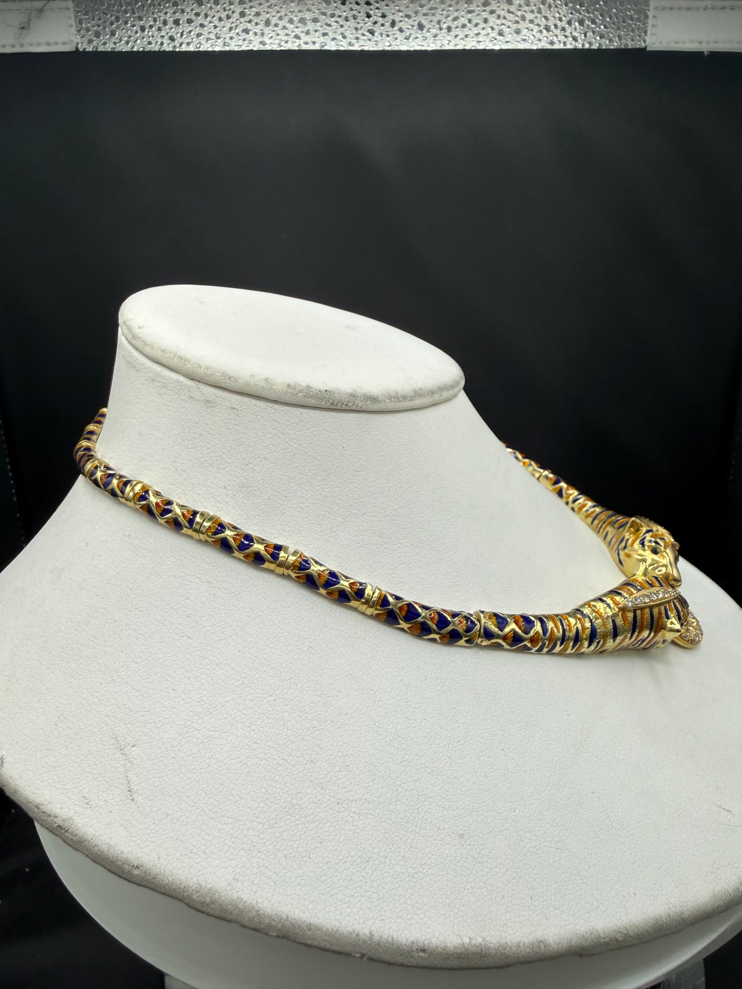 1.85 CT Natural Diamond 18K Yellow Gold Enamel Double Tiger Necklace (94.90 Grams) | 17 Inches